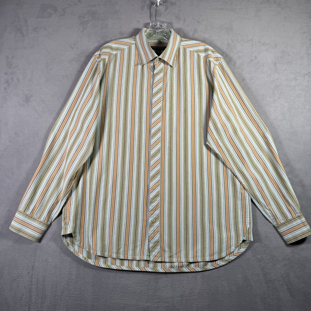 Jhane Barnes Shirt Mens L Green Peach Striped Button Up Long Sleeve Flip Cuff - Picture 2 of 11